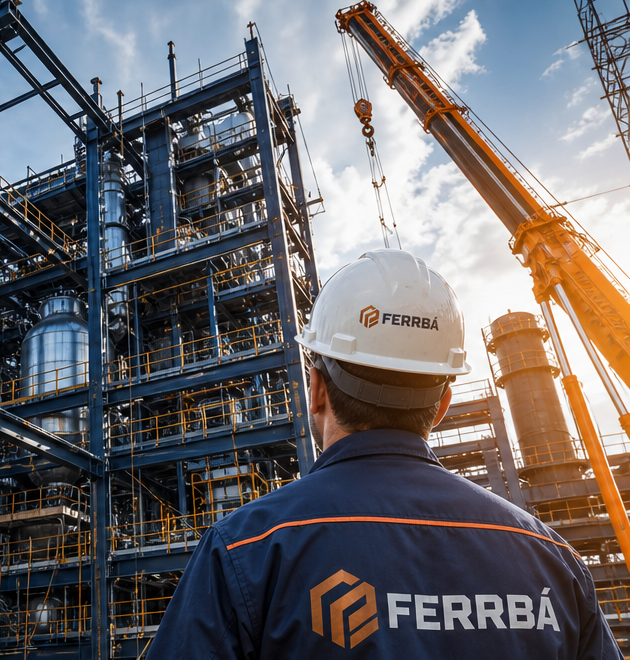Engenheiro da empresa FERRBÁ supervisionando a montagem de uma estrutura metálica industrial com tanques e equipamentos de grande porte em uma obra em construção, acompanhado por um guindaste ao fundo.