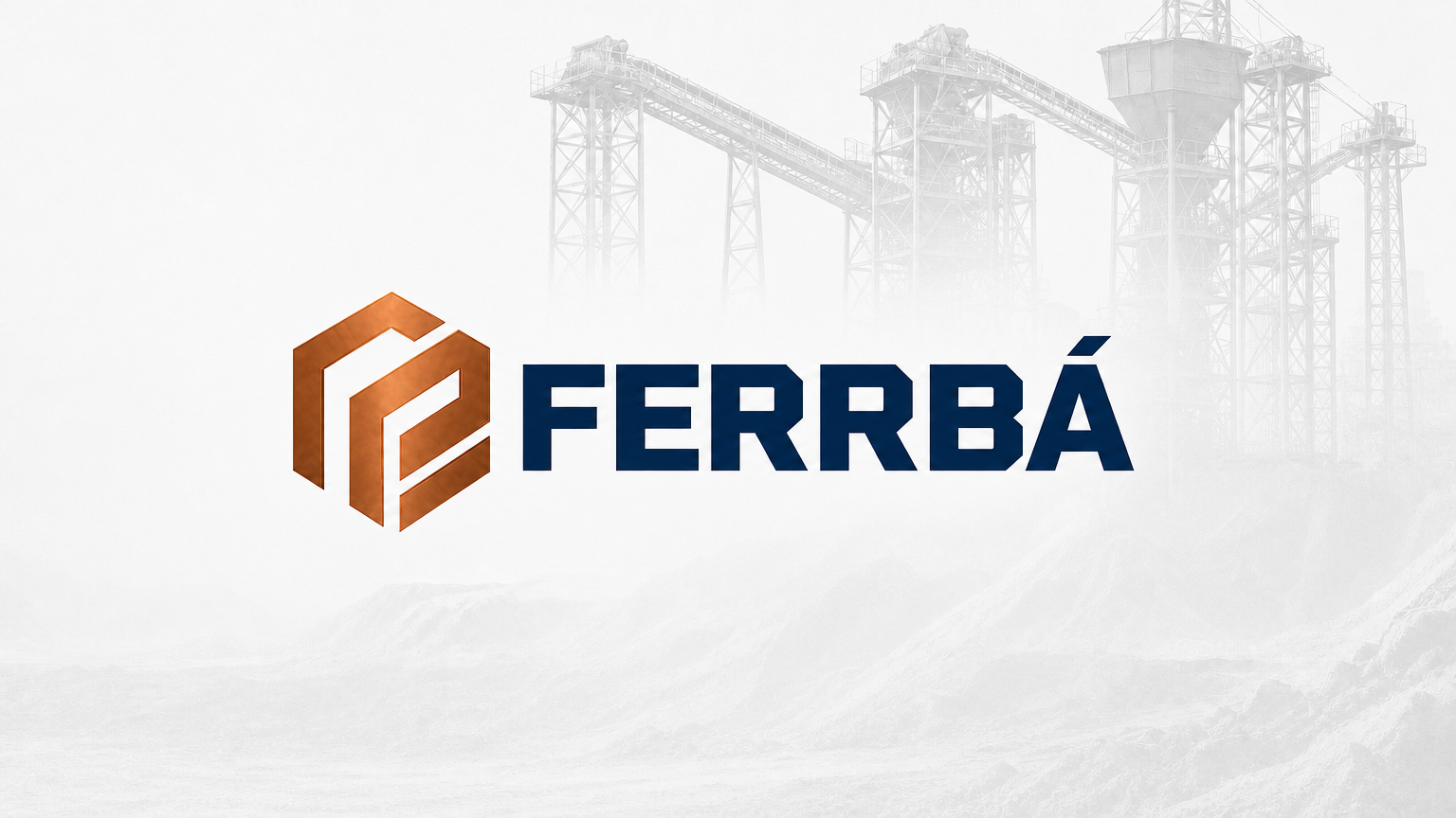 Logo Ferrbá centralizado sobre fundo industrial com correias transportadoras e silos