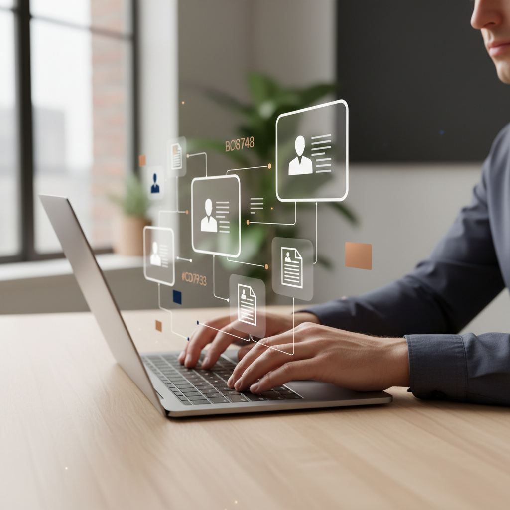 Profissional trabalhando em laptop com interface holográfica flutuante exibindo ícones de perfis de candidatos e currículos.