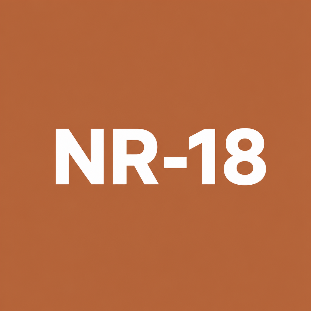 lo NR-18 em fundo cobre. Segurança na construção civil, com soluções representadas comercialmente pela Ferrbá.