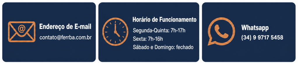 Banner de contato da Ferrbá Alpha Group com e-mail contato@ferrba.com.br, horário de funcionamento e WhatsApp (34) 9 9717 5458